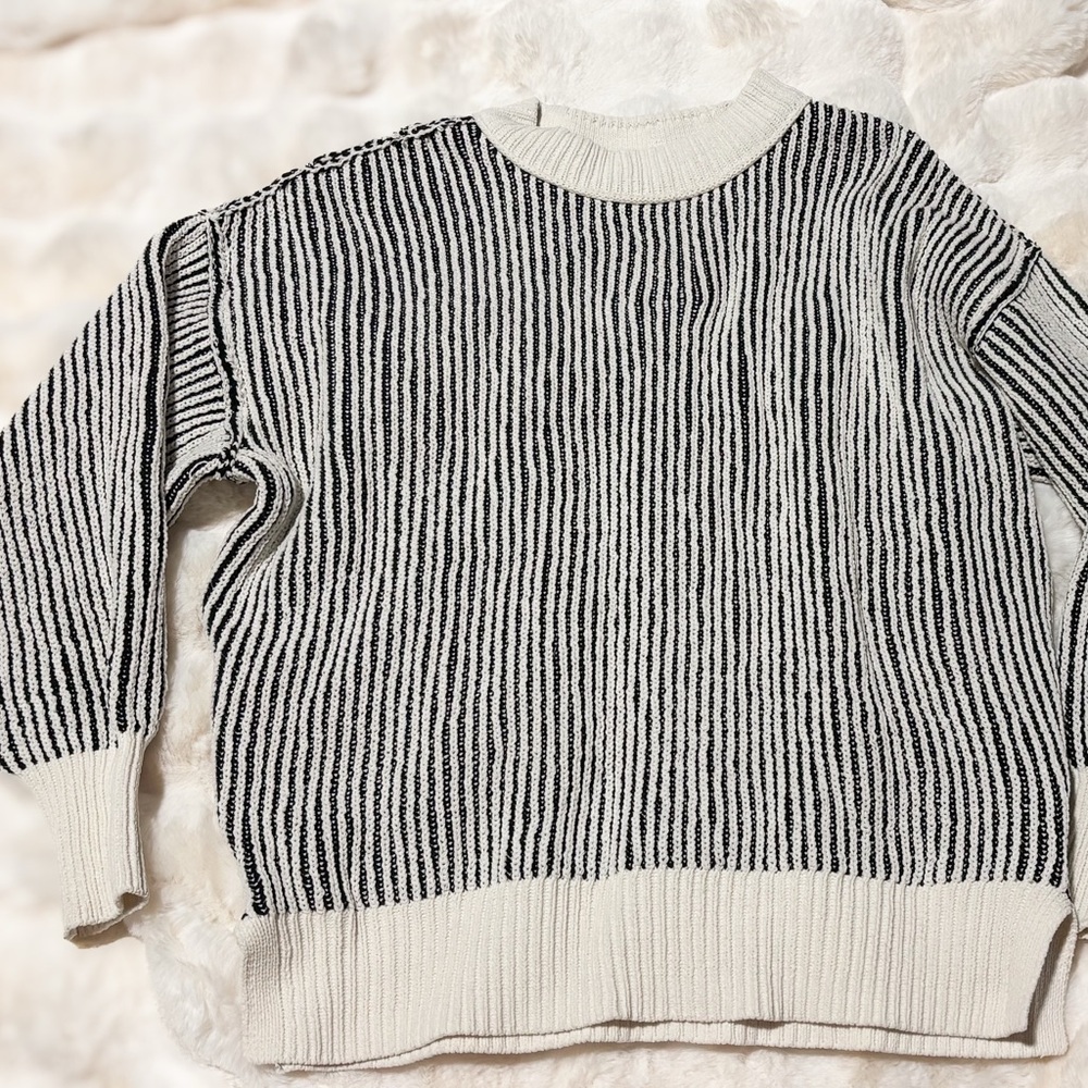 Aerie Black and White Crew Neck Sweater with Stripes